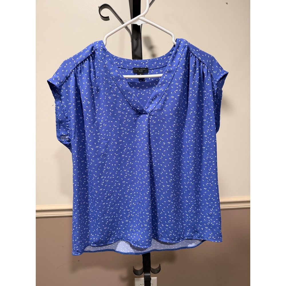 Ann Taylor Factory Petite Blue Print V-Neck Cap Sleeve Blouse Top MP Medium P
